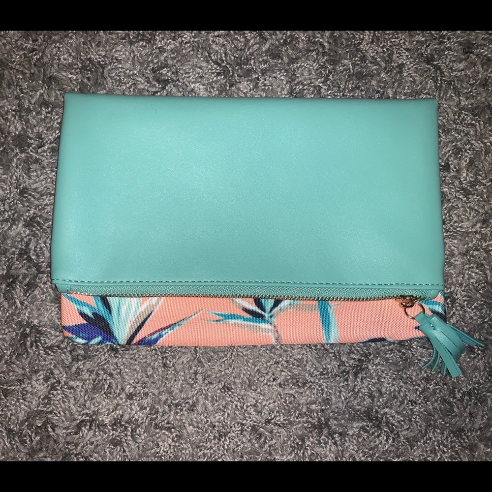 Aqua/Peach floral clutch. Never used
